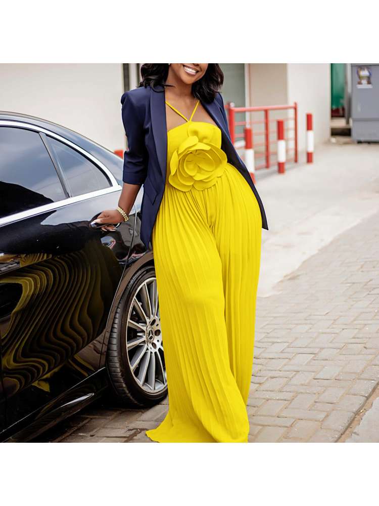 Pleated Halter Neck Wide Leg Jumpsuits